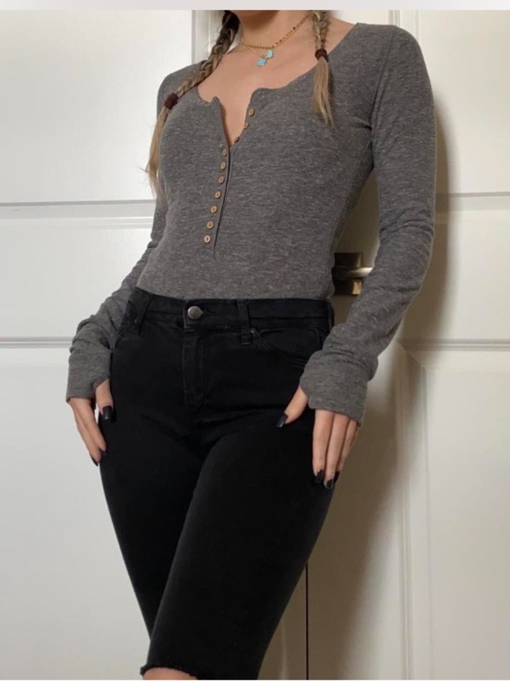 Intimately Free People Charcoal Grey Ribbed Henley Long Sleeve Bodysuit Small